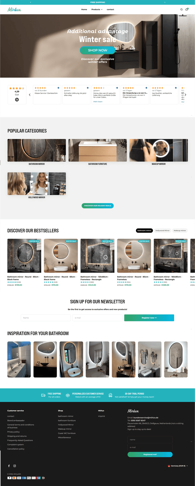 Mirlux's catalog includes LED bathroom mirrors, Hollywood-style mirrors, and various bathroom furniture sets in finishes like oak and black-white